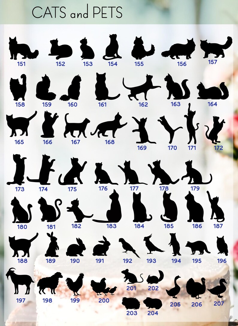 May include: A black and white image of 27 different cat and pet silhouettes. The silhouettes are numbered 151 through 207. The image is titled "CATS and PETS".