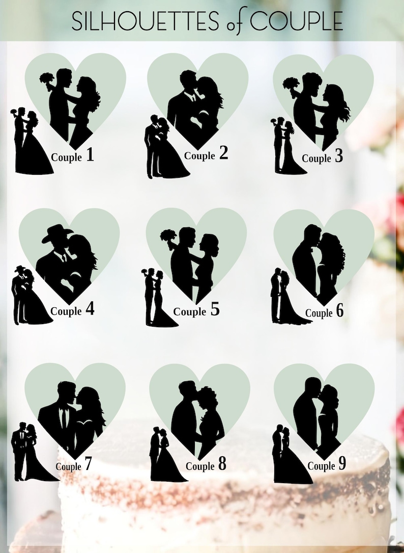 Wedding Cake Topper Bride and Groom + 3 Cats, Silhouette Couple ...