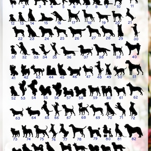 May include: A chart of 100 different dog silhouettes, numbered 1 to 100. The silhouettes are black and are arranged in rows of 10. The chart is titled "DOGS".