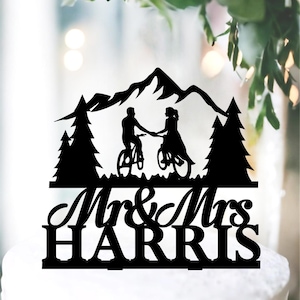 Mountain bike wedding cake topper, Bicycle Cake Topper, Bride and Groom Bicycle Topper, Biking Couple wedding cake toppers with Mountains