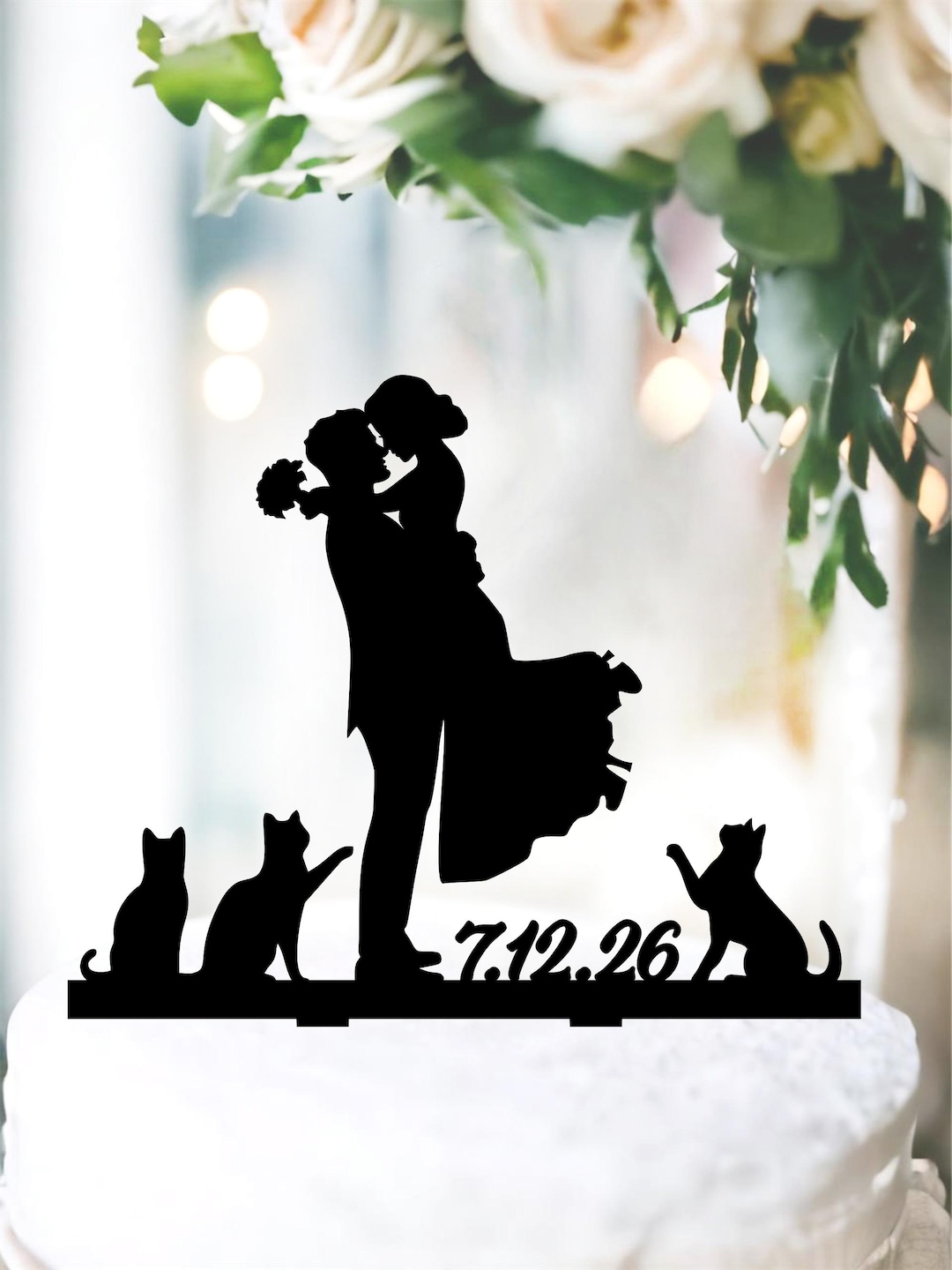 Wedding Cake Topper Bride and Groom + 3 Cats, Silhouette Couple ...
