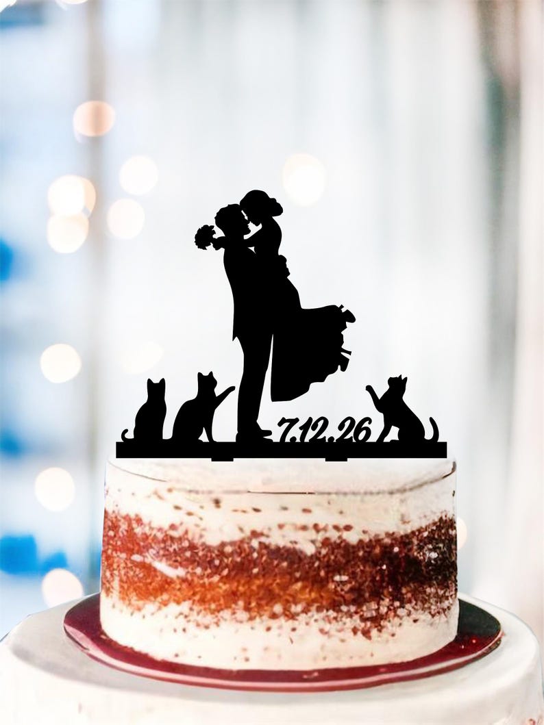 Wedding Cake Topper Bride and Groom + 3 Cats, Silhouette Couple ...