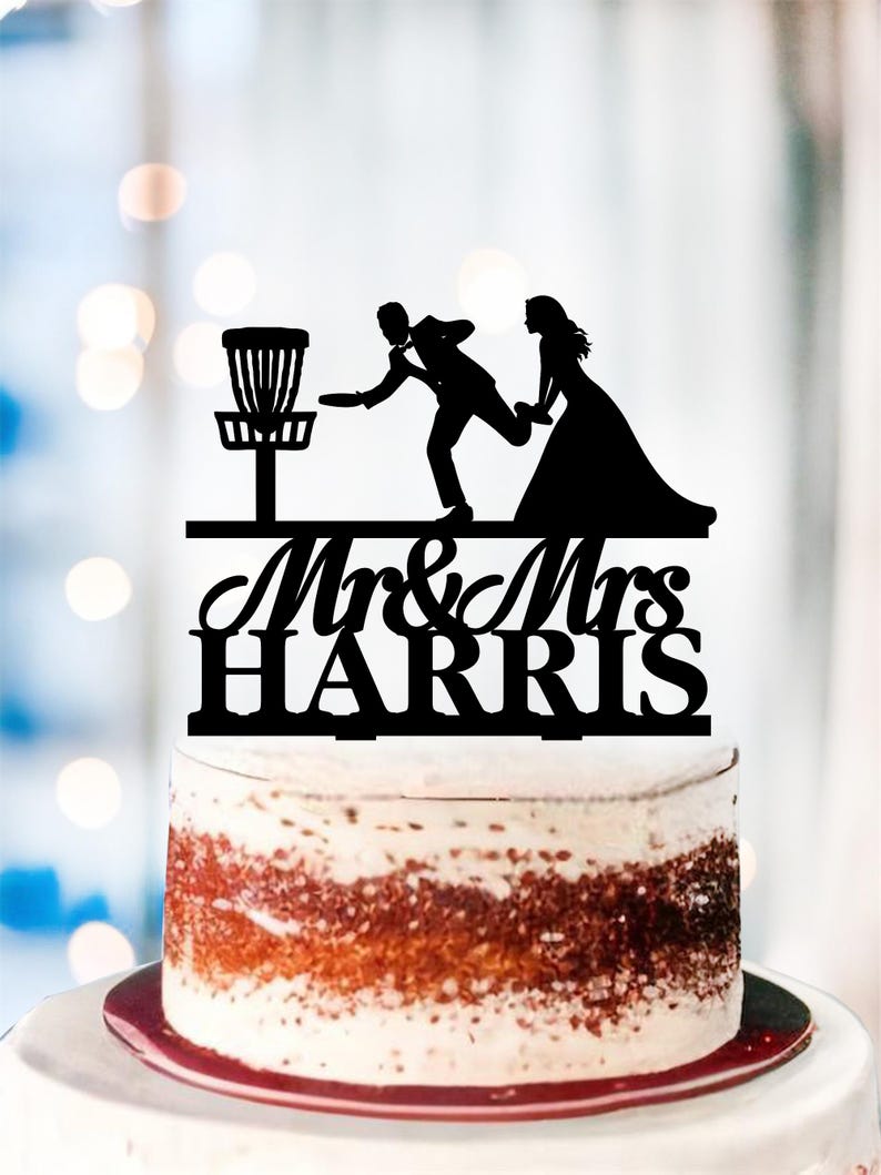 Frisbee Golf Wedding Cake Topper, Bride and Groom Disc Golfing Personalized Acrylic cake topper for wedding, disk golf and target image 7