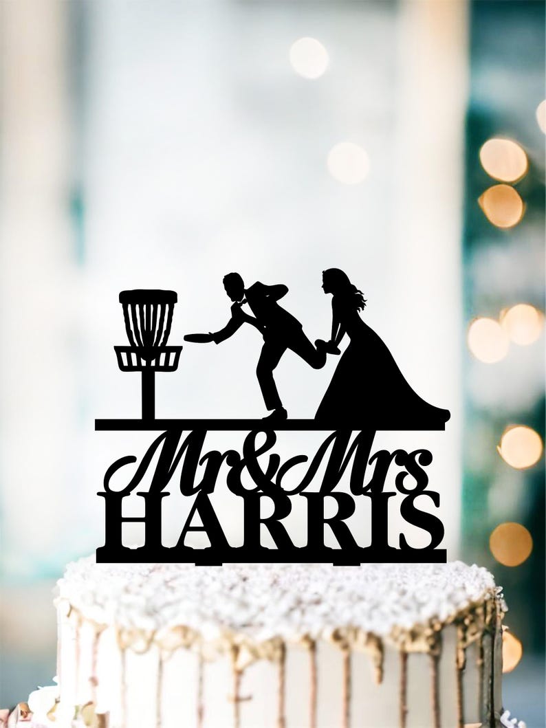 Frisbee Golf Wedding Cake Topper, Bride and Groom Disc Golfing Personalized Acrylic cake topper for wedding, disk golf and target image 11