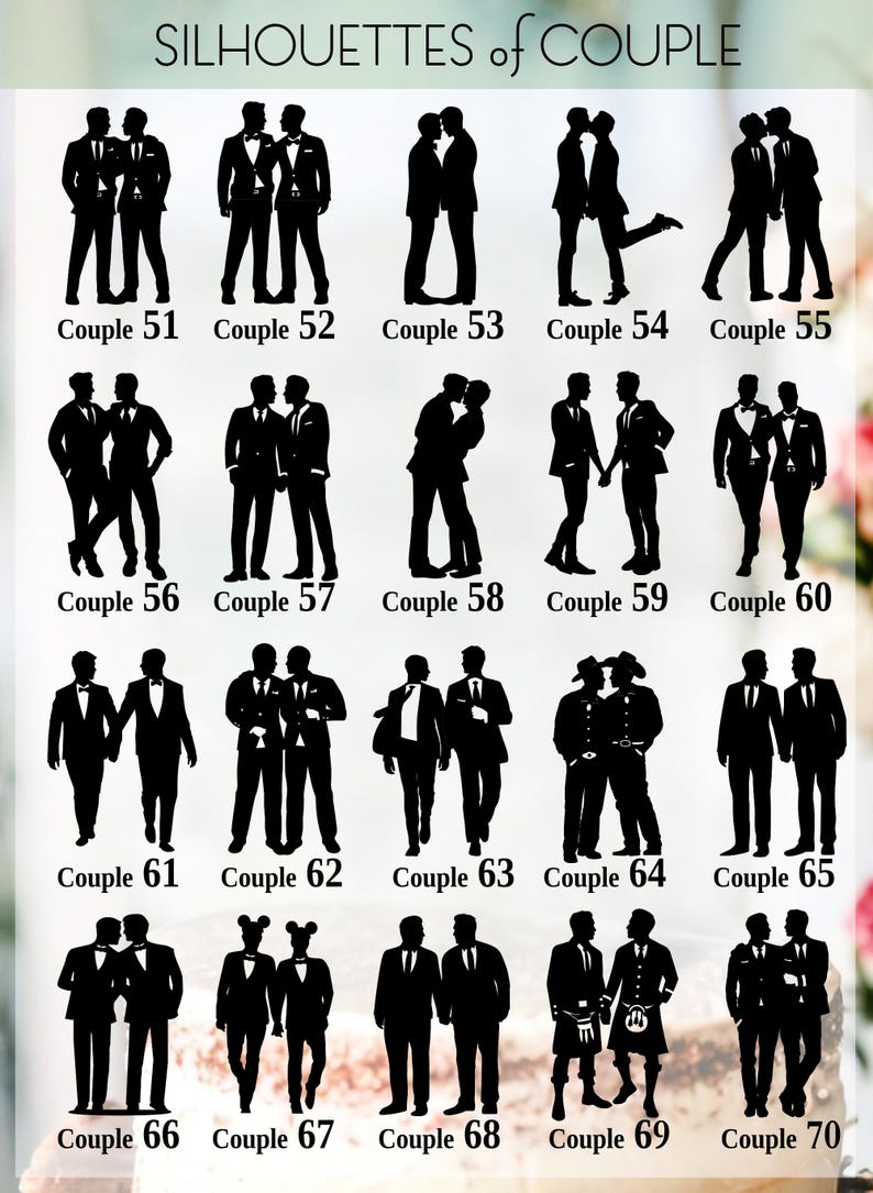 May include: A set of 10 black silhouette images of couples. Each image shows a different pose of two people in suits. The images are labeled with numbers from 51 to 70.