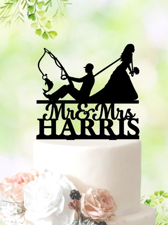 Fishing Wedding Cake Topper, Bride Pulling Groom, Mr & Mrs Cake Topper,  Fisherman Cake Topper, Bride and Groom With Fishing Rod, Hooked Top -   Canada