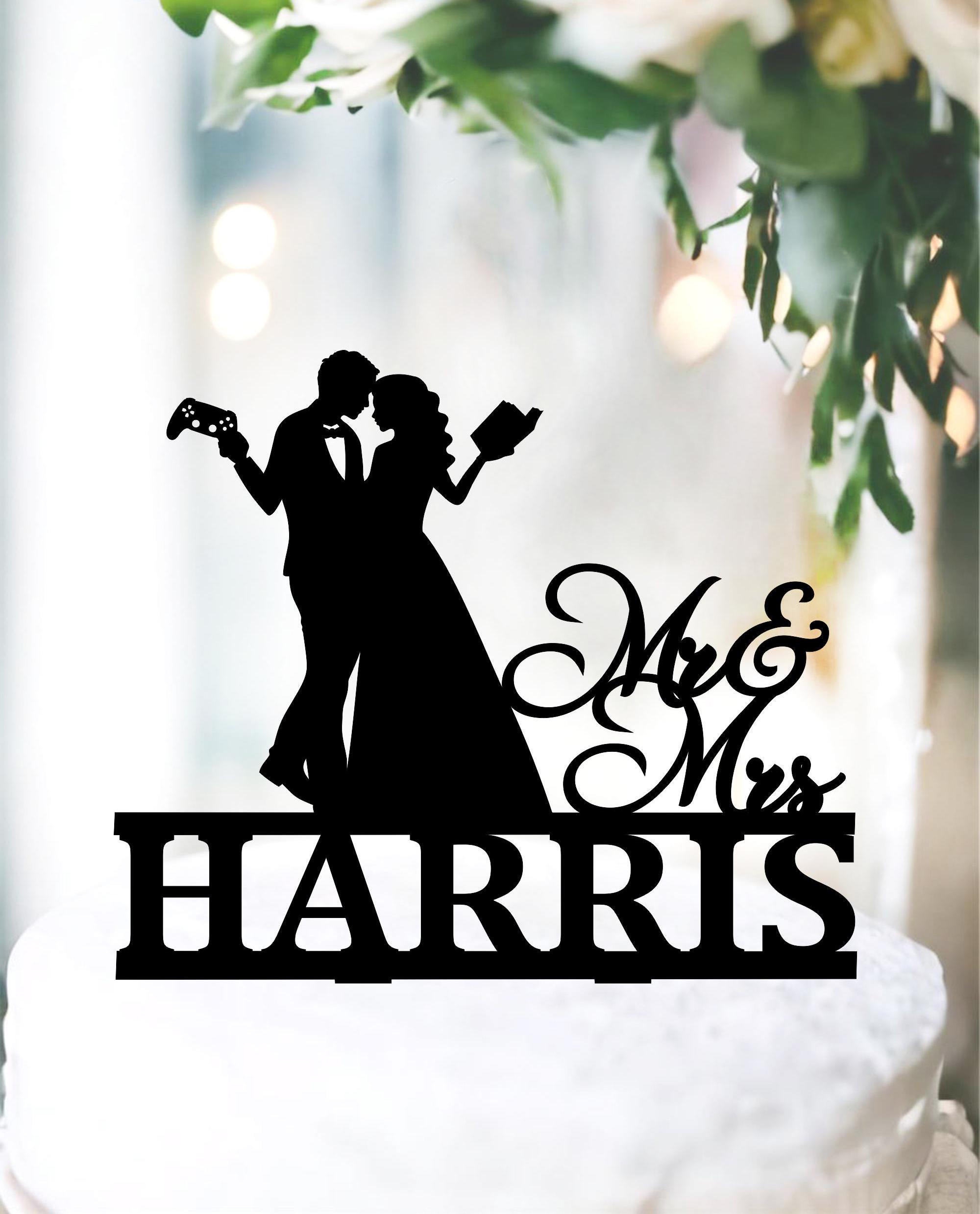 Gamer and Book Reader Wedding Cake Topper, Nerdy cake topper, Book Worm Cake Topper, game controller cake topper, Gaming themed wedding cake