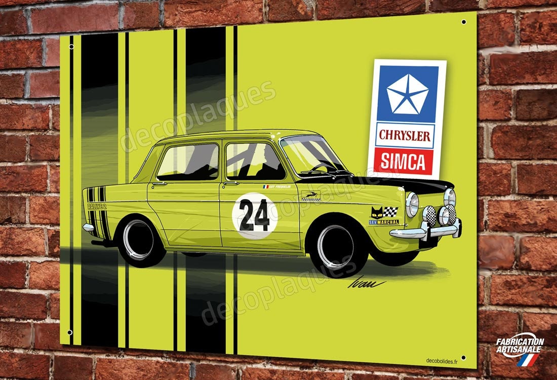 Plaque Métal Déco Simca 1000 Rallye Verte Illustration Ivan Brossard Garage Simca Vintage & Collecti