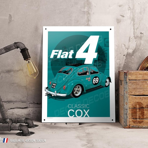 Metallplatte Deko Flat 4 Cox 69, Illustrator Ivan BROSSARD, Deko Garage Car Collection Flat 4.