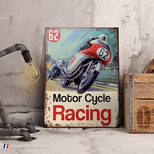 Decorative metal plate motor cycle racing, motorcycle racing from the 60s. Motorcycle garage decoration, old motorcycles, decoration for bikers and pilots.
