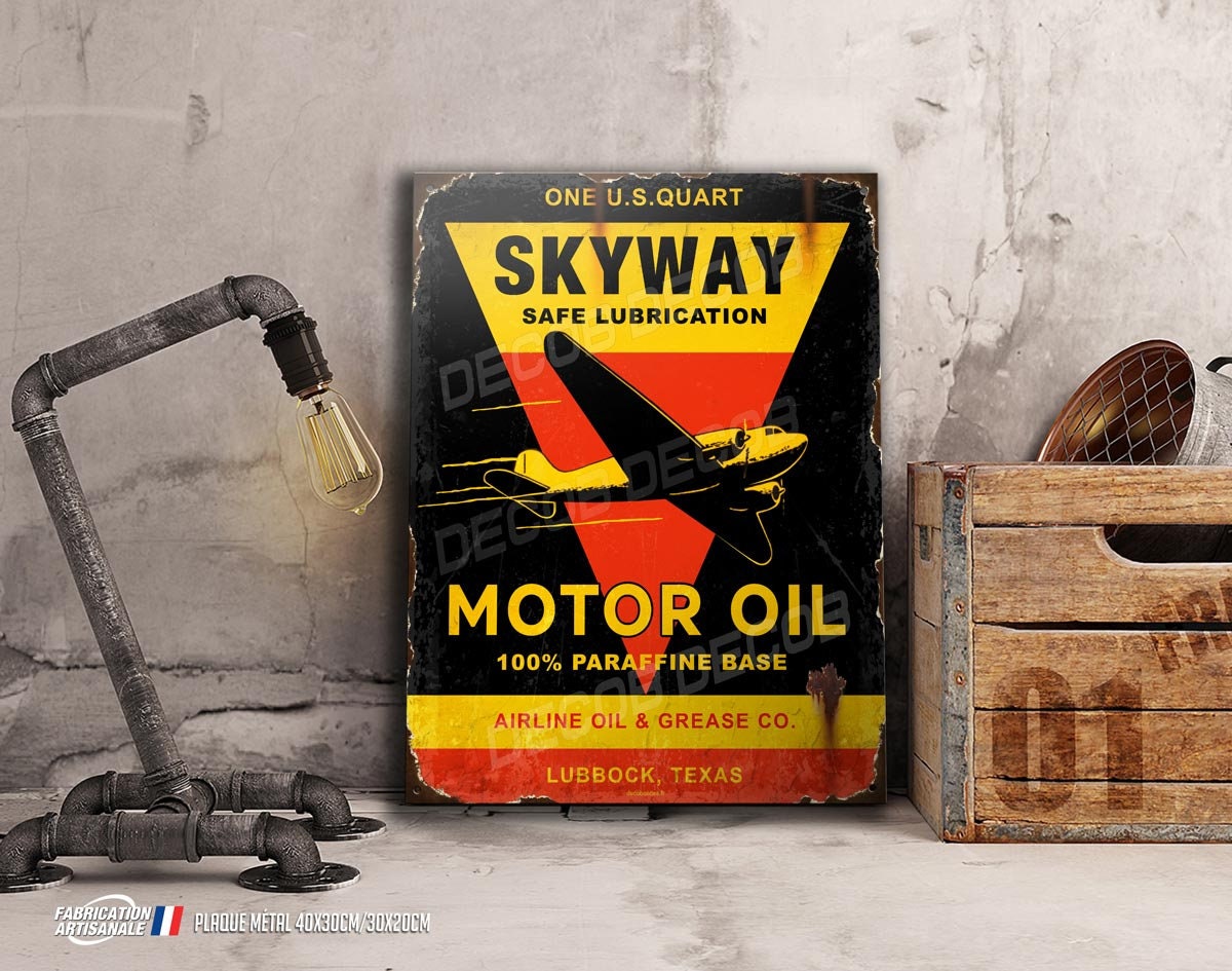 Plaque Métal Déco Skyway Motor Oil, Publicité Vintage Huile Moteur d'avions.