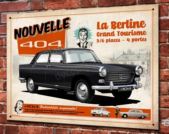 Plaque métal déco Peugeot 404, Berline populaire de collection, illustration de Christophe Clérici, décoration garage Peugeot vintage
