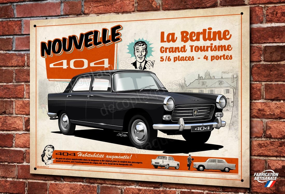 Plaque Métal Déco Peugeot 404, Berline Populaire de Collection, Illustration Christophe Clérici, Déc