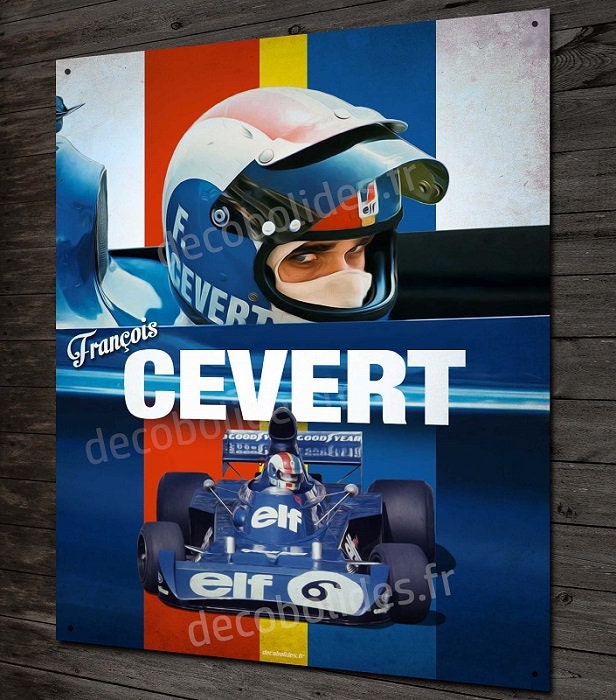 Plaque Métal Déco Artwork François Cevert Pilote et Champion de Formule 1 Tyrrell Garage Voiture Col