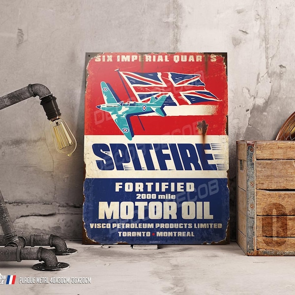 Plaque métal déco Huile Spitfire Motor Oil, reproduction plaque vintage d'époque.