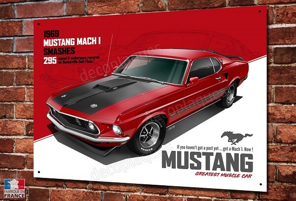 Artwork Plaque Métal Déco Mustang Mach 1 Rouge Muscle Car Américaine V8, Illustration de Christophe 