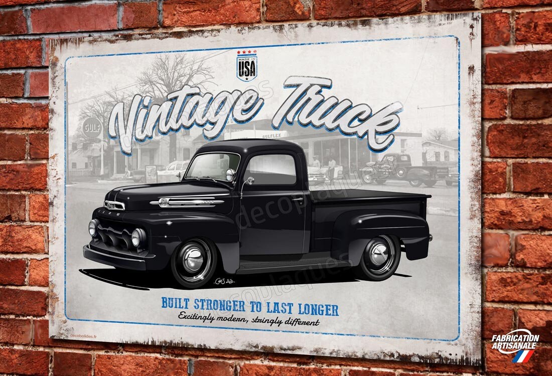 Oeuvre d'art sur Plaque Métal Vintage Truck Pick-Up Années 50, Illustration Christophe Clérici, Déco