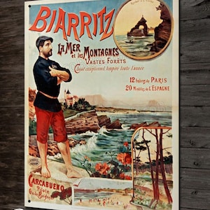 Peut inclure: Une affiche publicitaire vintage pour Biarritz, en France. L'affiche représente un homme en tenue rouge et bleue debout sur une falaise rocheuse surplombant l'océan. Le texte sur l'affiche indique "Biarritz, La Mer, les Montagnes et les Vastes Forêts, Climat exceptionnel, tempéré toute l'année, 12 heures de Paris, 20 Minutes de L'Espagne".