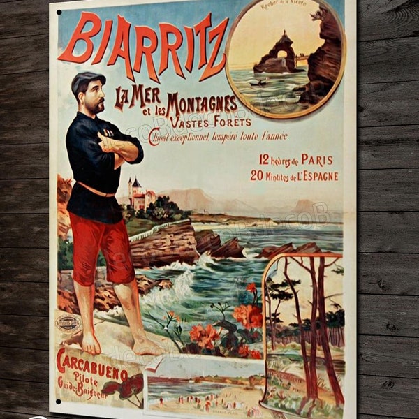 Plaque métal déco, reproduction ancienne affiche publicitaire vintage ville de Biarritz, pays Basque.