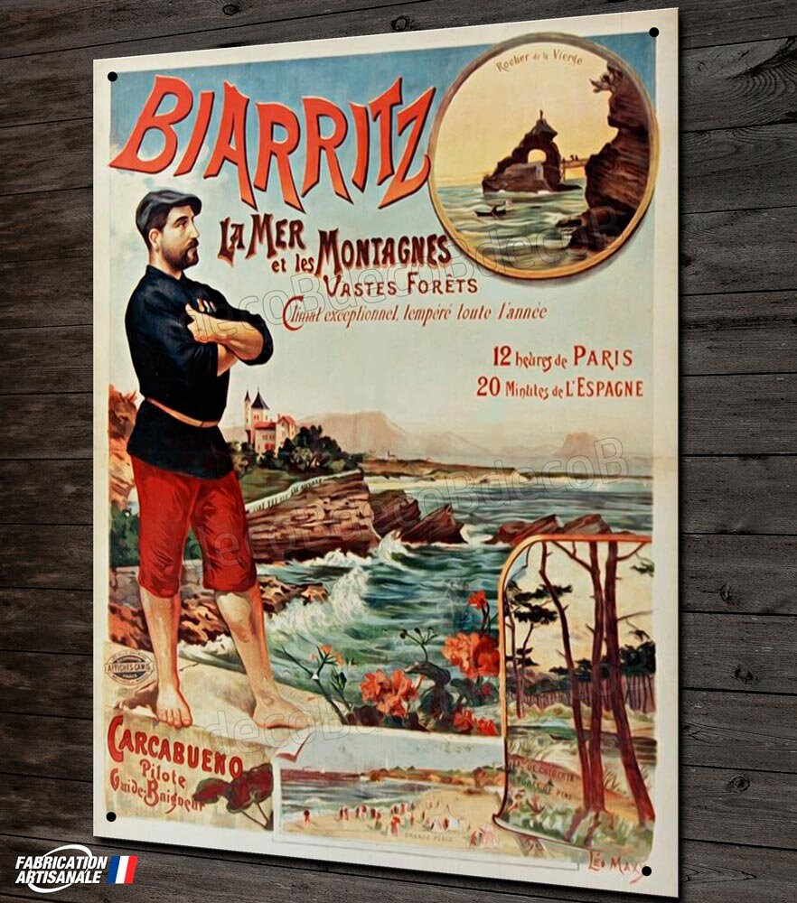 Plaque Métal Déco, Reproduction Ancienne Affiche Publicitaire Vintage Ville de Biarritz, Pays Basque