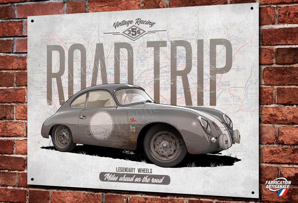 Œuvre d'art Bolide Allemand 356 Grise Road Trip Imprimée sur Plaque Métal Décorative Illustration Ch