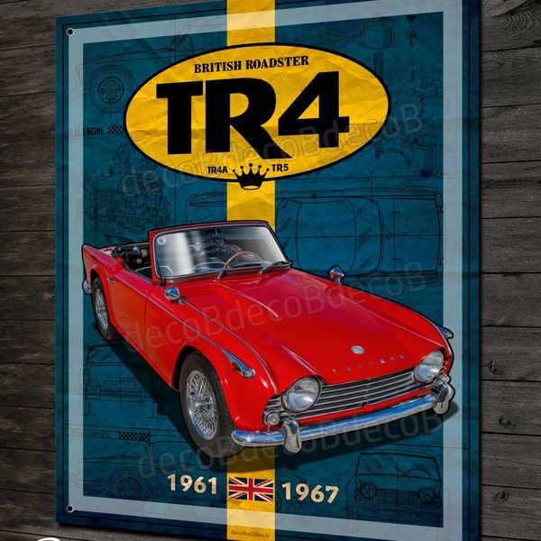 Decoratieve metalen plaat Triumph TR4, TR4A, TR250, TR5, Britse roadster, cabrioletcollectie, vintage garagedecoratie, Engelse sportwagen.