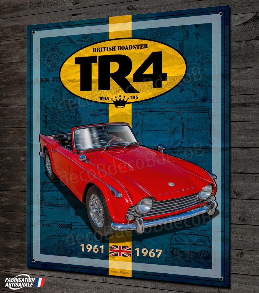 Plaque Métal Déco Triumph Tr4, Tr4A, Tr250, Tr5, British Roadster, Cabriolet Collection, Garage Vint