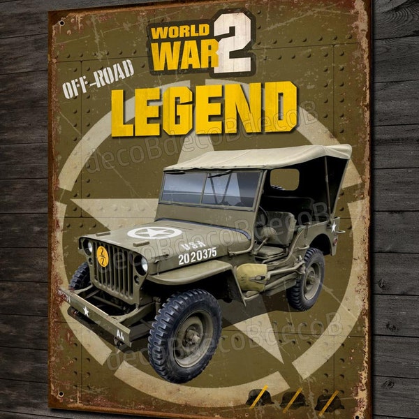 Plaque métal déco Jeep Willys " off road legend" débarquement Normandie 1944 WW2, objet déco militaria guerre 39-45 collection.