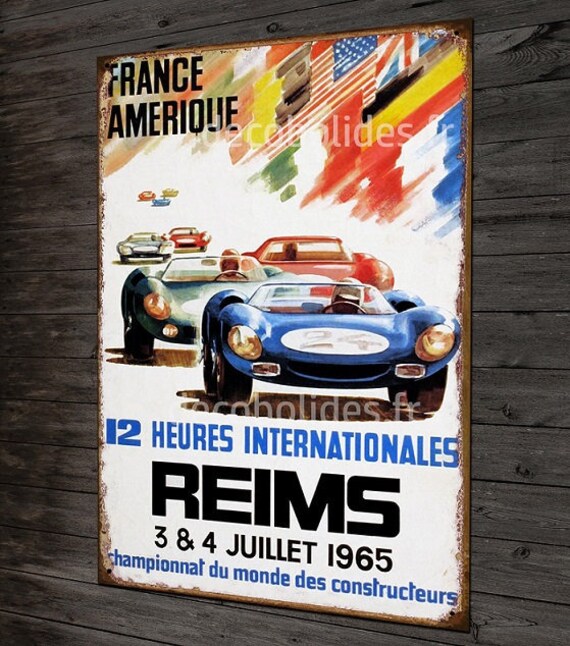 Plaque Métal Déco Affiche Course Autos 12 H Internationales de Reims 1965 Garage Voiture Collection 