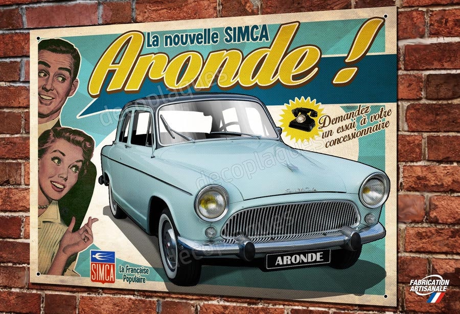 Plaque Métal Déco Simca La Nouvelle Aronde (Bleu Garage Simca Vintage & Collection Voiture Ancienne.