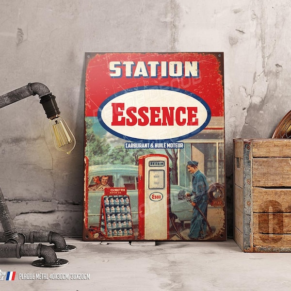 Gas station metal plate, inspired by old enamel advertising plates of gasoline brands, vintage car garage decoration