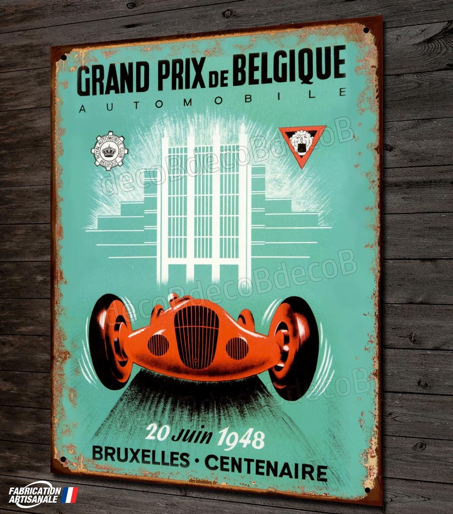 Plaque Métal Déco Reproduction Ancienne Affiche Grand Prix Auto de Belgique 1948 Garage Voiture Coll