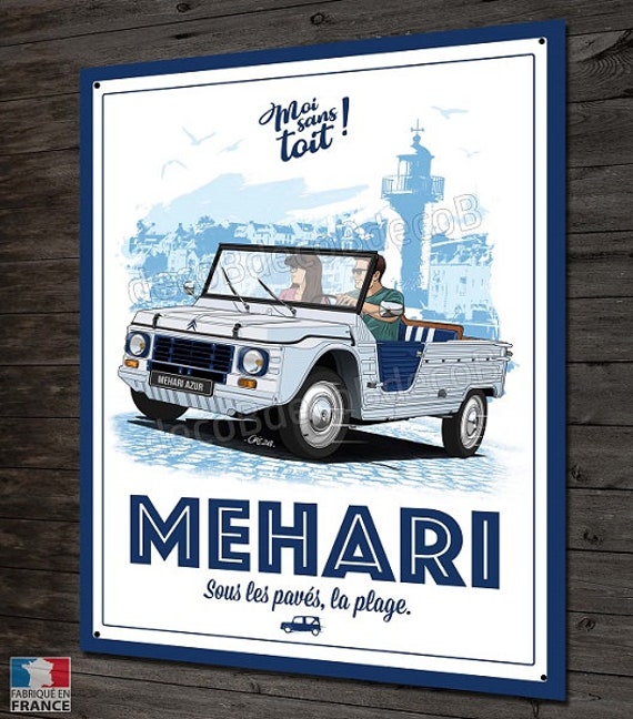 Citroën Méhari, Oeuvre d'art Imprimée sur Plaque Métal, Illustration de Christophe Clérici. Déco Gar