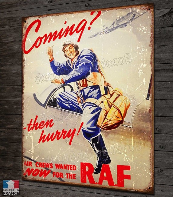 Plaque Métal Déco Pilote Chasseur Spitfire Raf Coming Ww2 Seconde Guerre Mondiale.