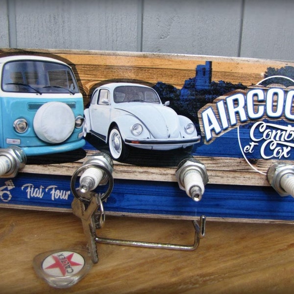 Accroche clés mural aircooled van T2 et cox vintage flat 4, décoration garage voiture de collection.