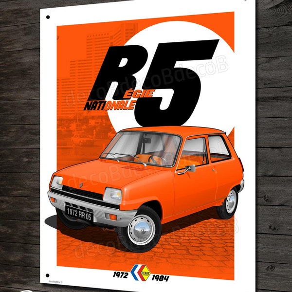 Plaque métal Régie nationale Renault R5 orange, déco garage Renault vintage.