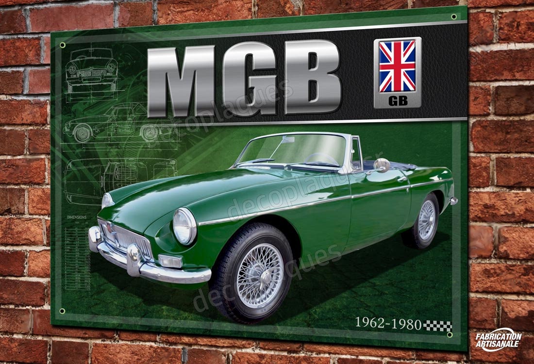 Plaque Métal Déco Mg Mgb Roadster British Green Garage Vintage, Voiture de Sport Anglaise, Cabriolet