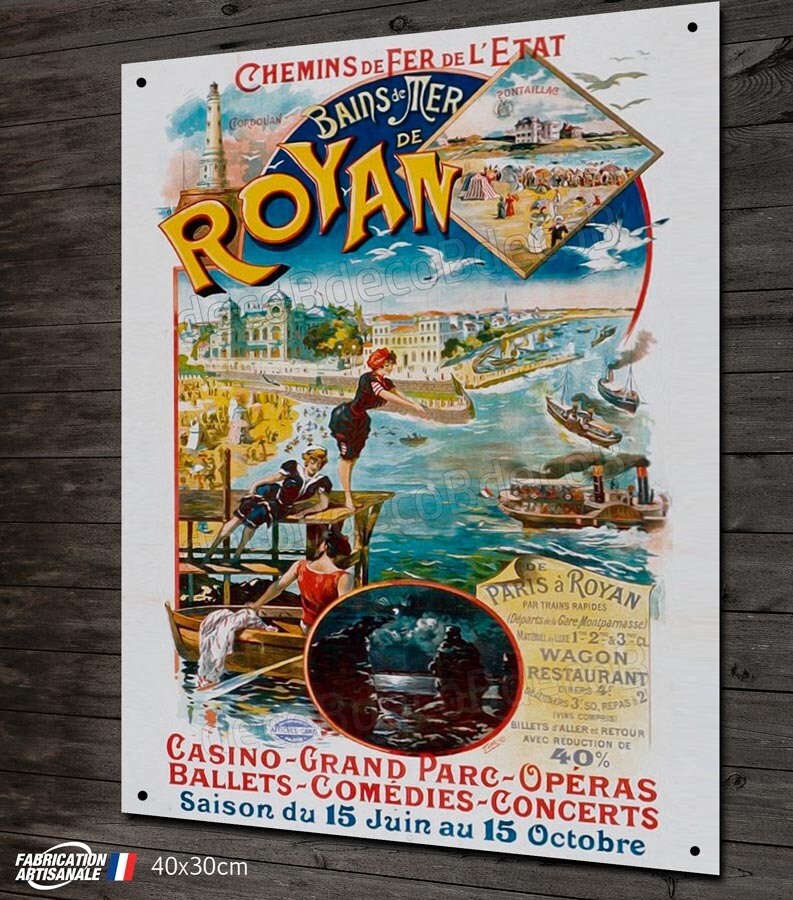 Plaque Métal Déco, Reproduction Ancienne Affiche Publicitaire Vintage Ville de Royan, Charente-Marit