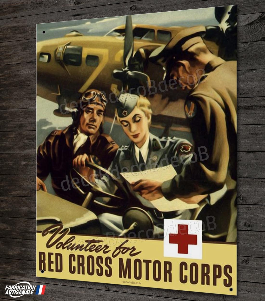 Plaque Métal Déco, Reproduction Affiche Ww2 Us Air Force B-17 & Jeep Red Cross Motor Corps 