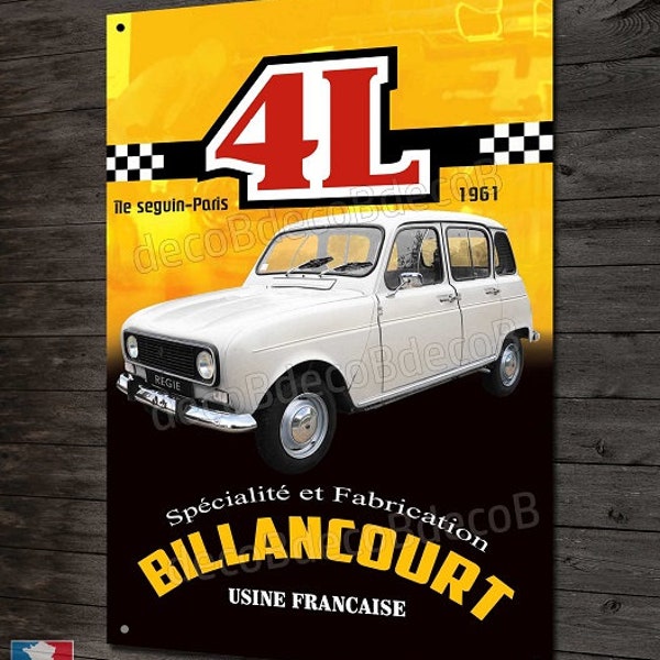 plaque métal Renault 4L Usine Billancourt, voiture collection R4.