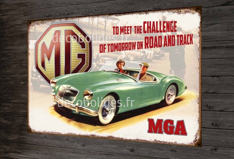 Plaque Métal Déco Garage Vintage Mg Mga Garage, Voiture de Sport Anglaise, Cabriolet Collection.