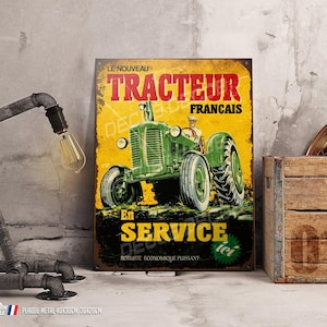 Vintage tractor decorative metal plaque, old collectible tractor garage decoration.