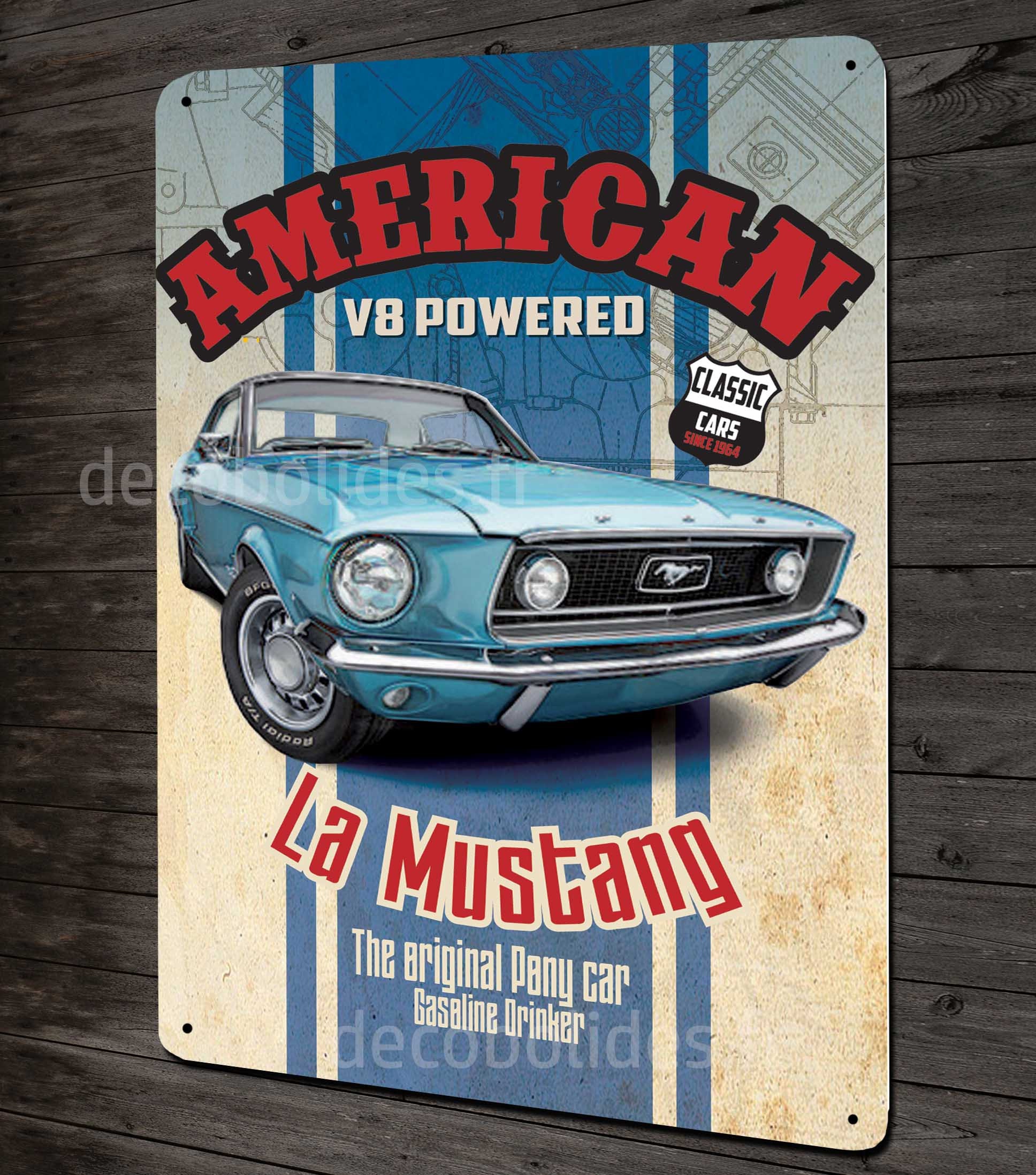 Plaque Métal Déco Mustang Bleue American V8 Powered, Usa Muscle Cars, Garage Voiture Us.