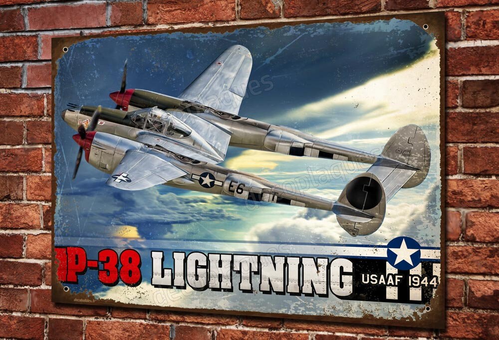 Plaque Métal Déco Œuvre d'art Warbird P-38 Lightning Ww2, Aviation Militaire Américaine Usaf Guerre 