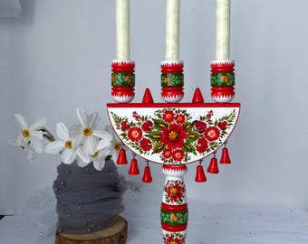 Hand-Painted Wooden Triple Candle Holder, Wooden Candelabra, Table Centerpiece, Ukrainian Petrykivka Folk Art.