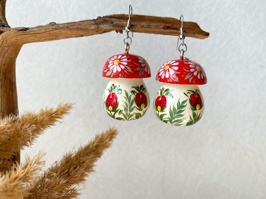 Mushroom Wooden Earrings Funny Dangle Earrings Wood Etsy