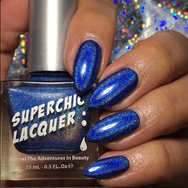 SuperChic Lacquer Throwing Shade Holographic Nail Polish-SuperHolo-Linear-1 Coat-Indigo Blue-Rainbow-Bright-Neon