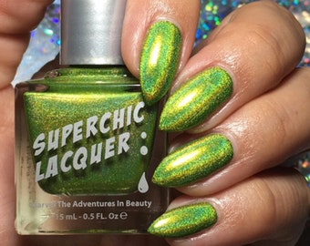 SuperChic Lacquer Queen Of Tea Vernis à ongles holographique-SuperHolo-1 Coat-Linear-Green-Rainbow-Bright-Neon