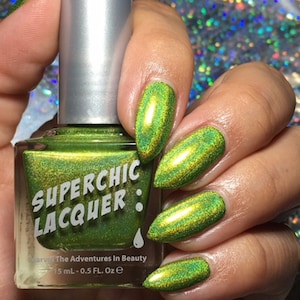 SuperChic Lacquer Queen Of Tea Holographic Nail Polish-SuperHolo-1 Coat-Linear-Green-Rainbow-Bright-Neon