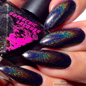 SuperChic Lacquer R.E.M. Holographic Nail Polish-SuperHolo-1 Coat-Linear-Black-Rainbow